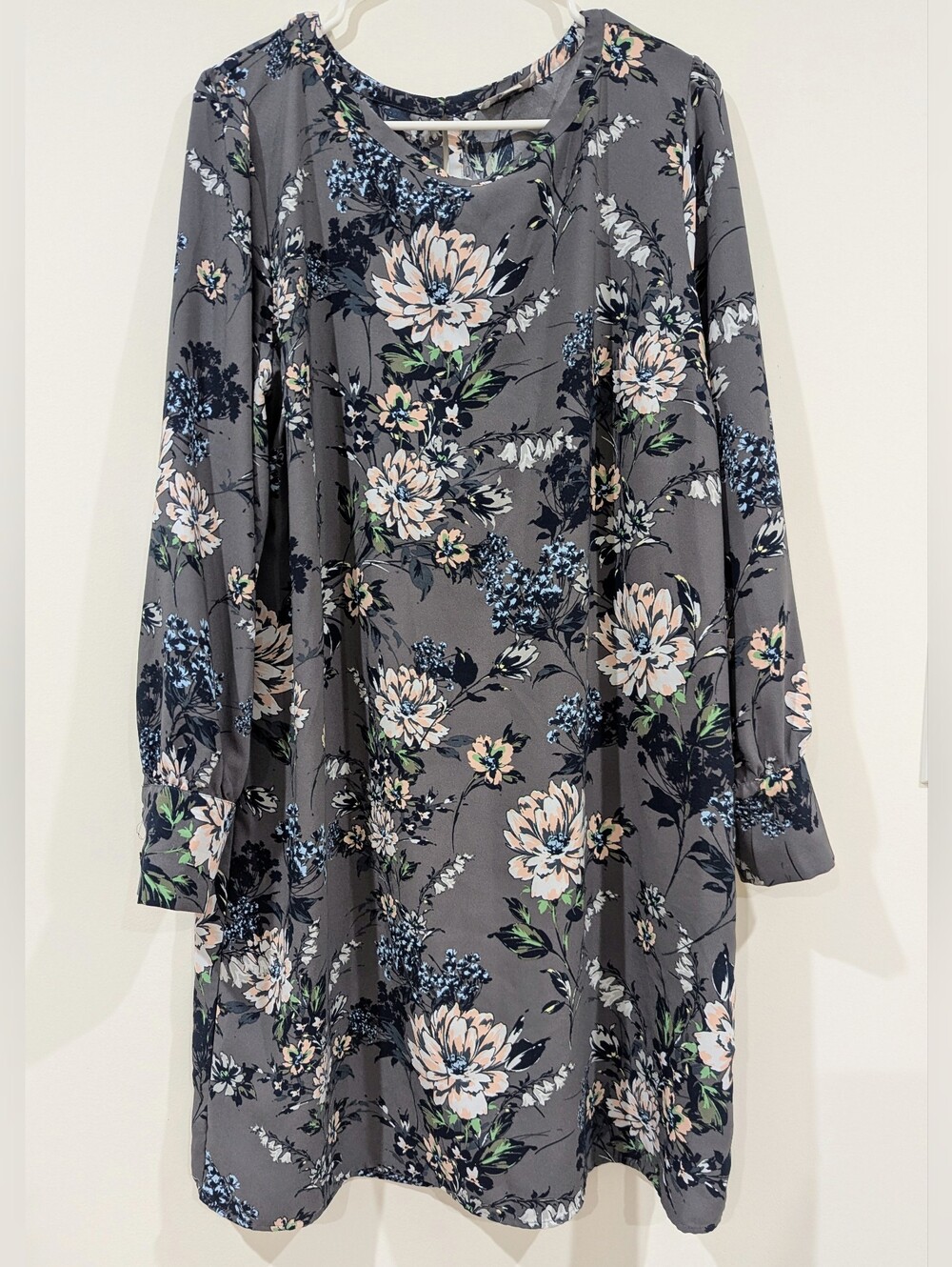 Women's Grey Floral Long Sleeve Swing Dress